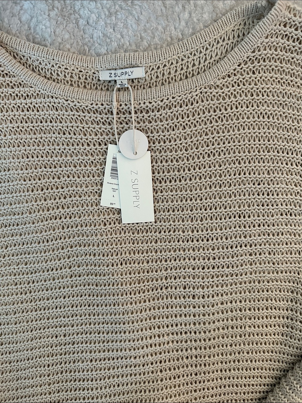 Z Supply Light Beige unlined Crocheted Crewneck Sweater